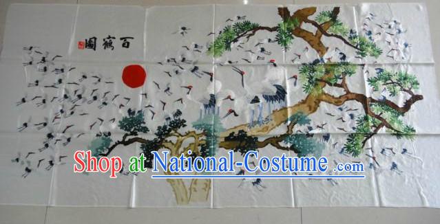 Traditional Chinese Hands Embroidered 100 Cranes Wall Hanging