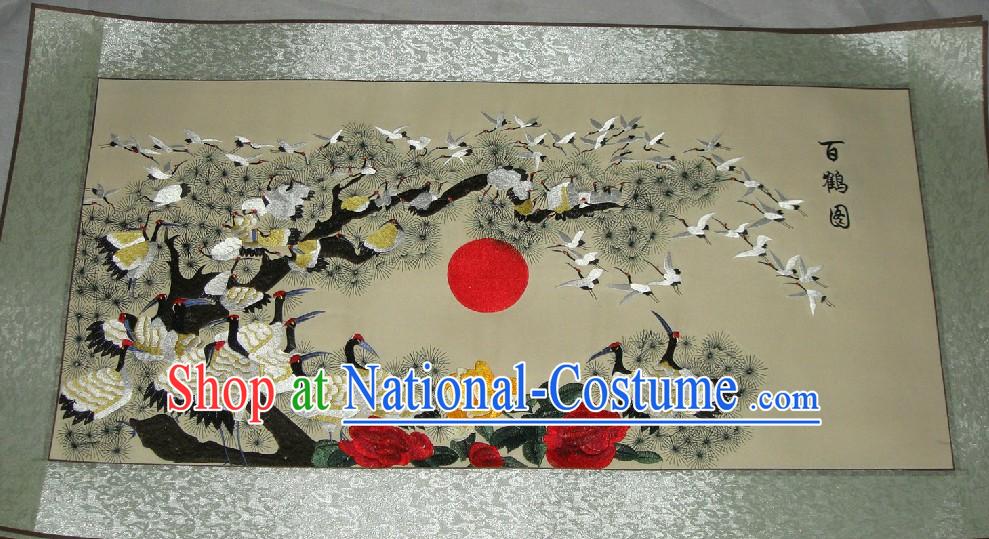 Traditional Chinese Computer Embroidered 100 Cranes Wall Hanging