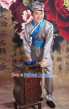 Ancient Chinese Waiter Costume and Hat for Men