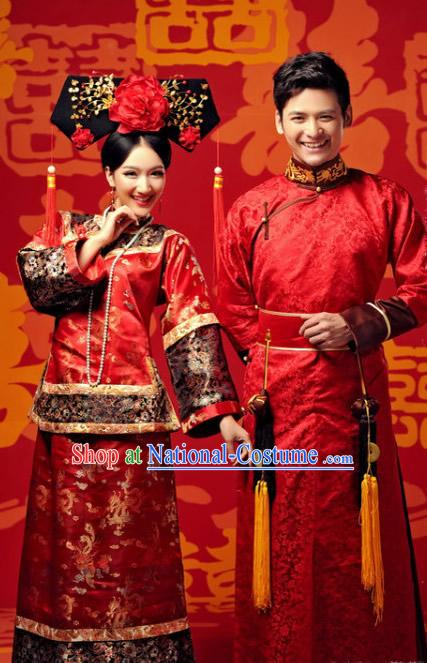 Traditional Chinese Imperial Princess and Prince Red Wedding Dresses and Hat