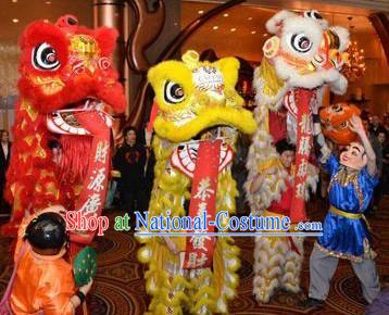 Red Golden and White Lion Dance Costumes Three Sets and Two Laughing Masks and Costumes Set