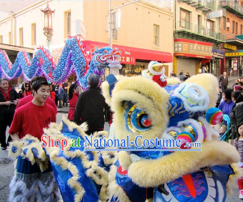 Blue Chinese Traditional Lion Dance and Dragon Dance Costumes Two Complete Sets