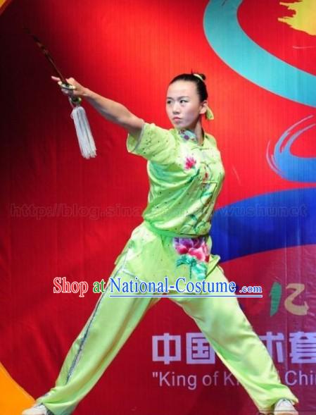 Supreme Green Embroidered Lotus Martial Arts Uniforms for Women