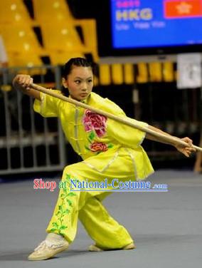 Yellow Long Spear Embroidered Peony Kung Fu Supplies for Women