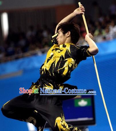 Dark Black Long Pole Martial Arts Training and Contest Silk Uniform for Men