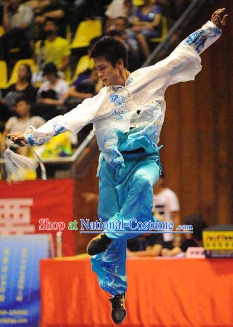 Blue and White Colour Transition Silk Kung Fu Suit for Men