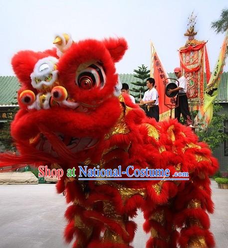 Supreme Red Natural Wool Grand Opening and Business Advertising Lion Dance Costume Complete Set