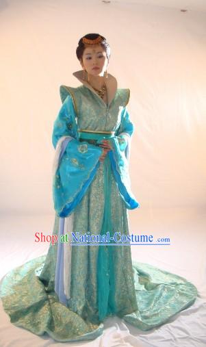 Ancient China Princess Blue Clothing Complete Set and Hair Accessories