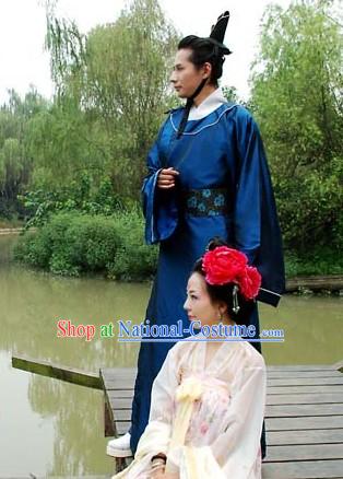 Blue Ancient Chinese Tang or Song Round Collar Robe and Coronet