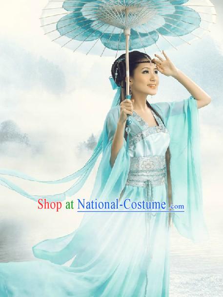 Ancient Chinese Blue Fairy Costumes and Umbrella