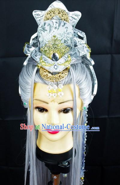 Ancient Chinese White Wig and Accessories for Men