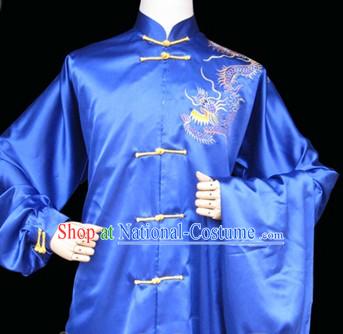 Blue Professional Embroidered Dragon Martial Arts Competition Outfit for Men