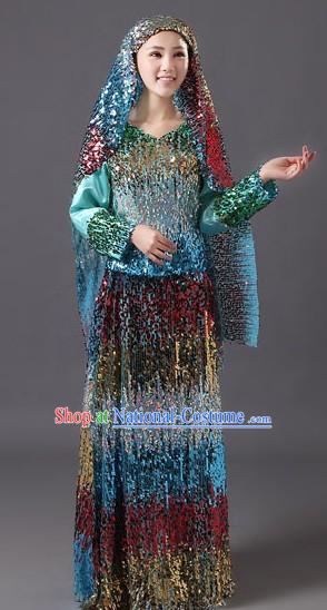 Traditional Chinese Muslin Hui Dance Costumes and Headpiece for Women