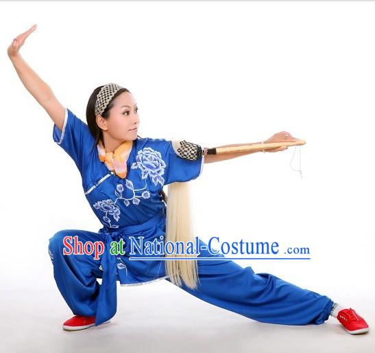 Blue Flower Embroidery Martial Arts Tai Chi Performance Uniform for Women