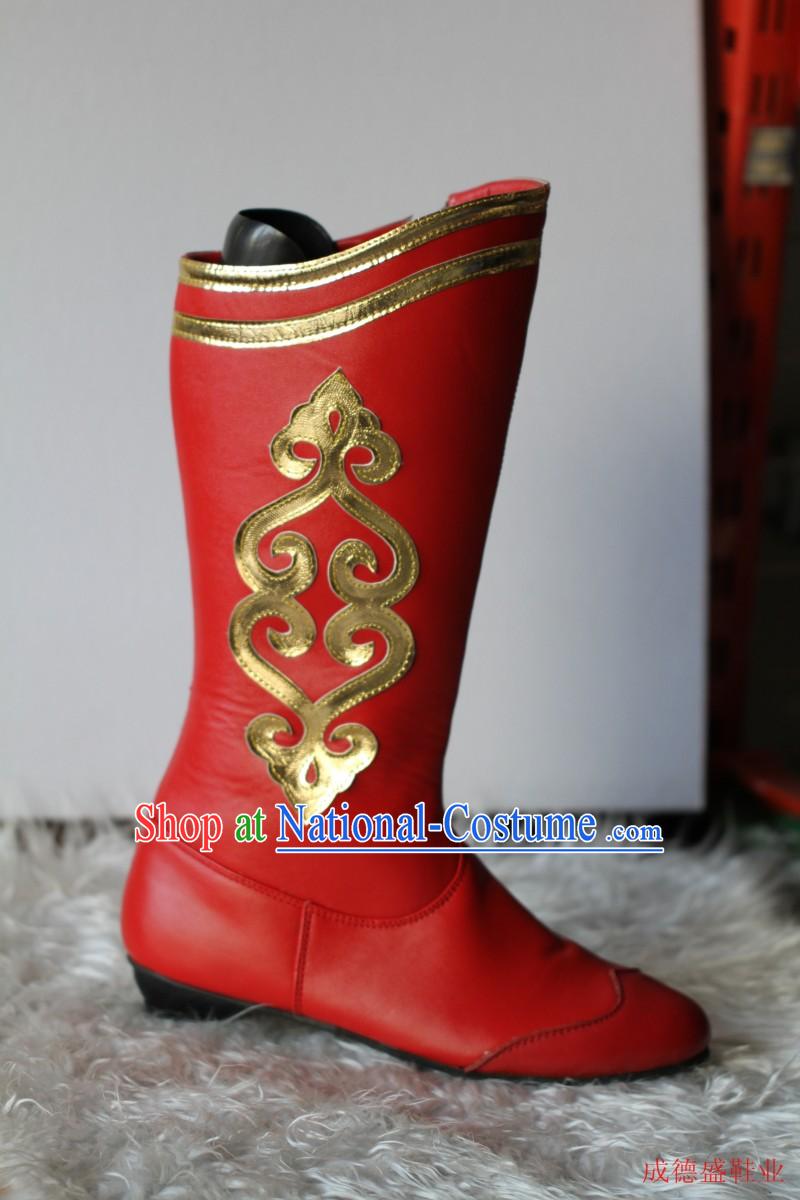 Traditional Red Chinese Mongolian Boots for Ladies