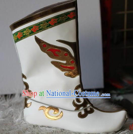 Traditional White Chinese Mongolian Boots for Men