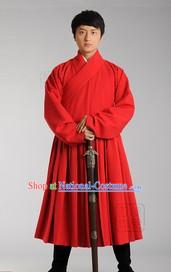 Red Ancient Chinese Han Fu Clothing Complete Set for Men