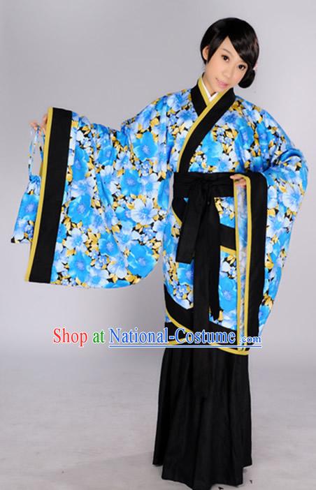 Traditional Chinese Blue Flower Quju Outfits fo Girls