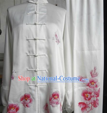 Traditional Chinese White Embroidered Peony Silk Tai Ji Suit