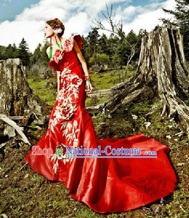 Lucky Red Embroidered Flower Fish Tail Long Toasting Evening Dress