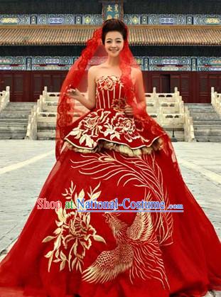 Traditional Chinese Red Phoenix Wedding Veil Clothing Skirt Evening Dress