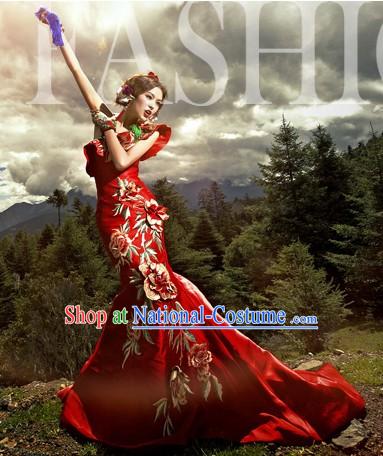 Traditional Chinese Red Peony Wedding Dress Long Skirt