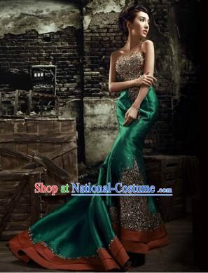 Traditional Chinese Green Fish Tail Evening Dress