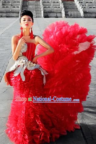 Traditional Chinese Red Phoenix Wedding Evening Dress