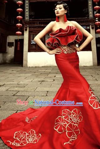 2013 New Design Red Long Trail Wedding Evening Dress