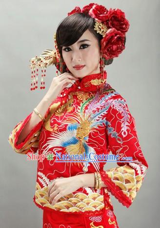 Traditional Chinese Mandarin Phoenix Embroidery Wedding Blouse and Skirt Outfit Set for Women