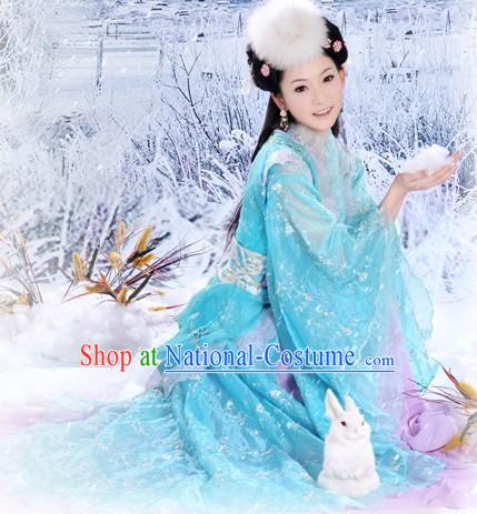 Ancient Chinese Tang Dynasty Blue Princess Costume and Hair Accessories