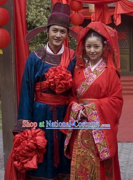 Ancient Traditional Chinese Wedding Dresses and Hat for Brides and Bridegrooms