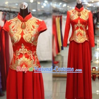 Traditional Chinese Red Wedding Shirt and Skirt Outfits for Brides