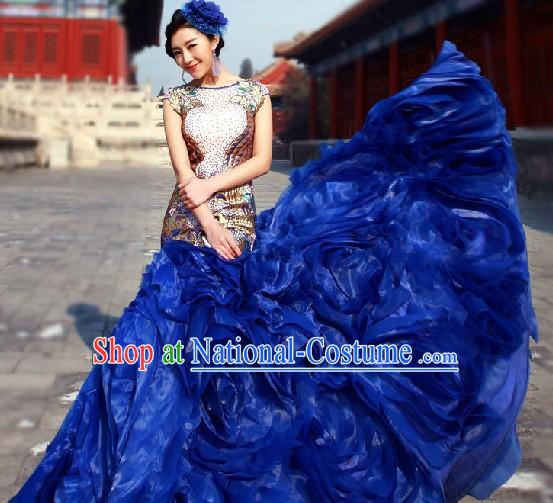 2013 New Design Blue Evening Dress with Fish Trail