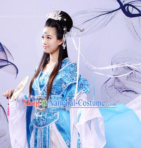 Ancient Chinese Blue Princess Clothing and Hair Accessories Complete Set