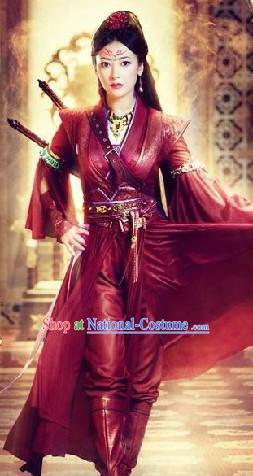 Ancient Chinese Red Swordswoman Knight Costumes