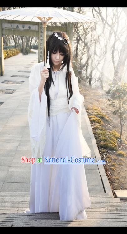 Pure White Ancient Chinese Fairy Outfit and Headdress for Women