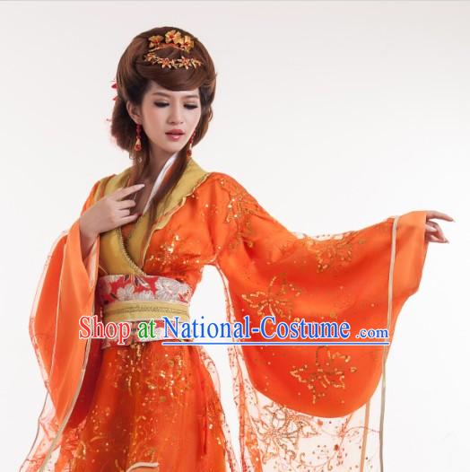 Orange Long Trail Ancient Chinese Tang Dynasty Outfit for Women