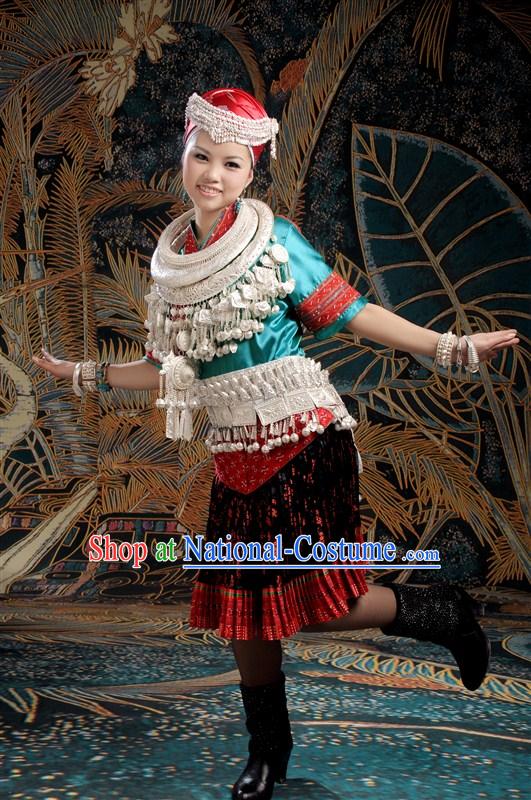 Traditional Chinese Miao Clothes and Necklace and Hat for Women