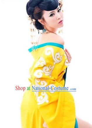 Yellow Ancient Chinese Tang Dynasty Concubine Costumes Complete Set