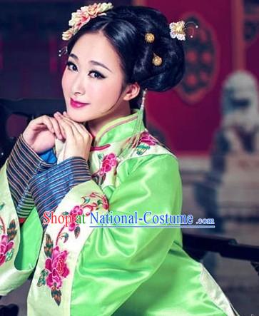 Green Traditional Chinese Manchu Embroidery Robe for Ladies