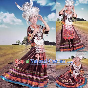 Traditional Chinese Miao Silver Hat Necklace and Clothing for Ladies