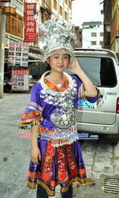 Blue Traditional Chinese Miao Silver Crown and Suit for Women