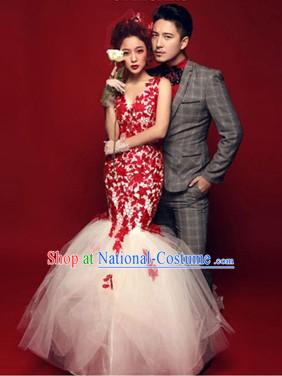 Photography Studio Use Fish Tail Wedding Dress and Suit for Brides and Bridegroom