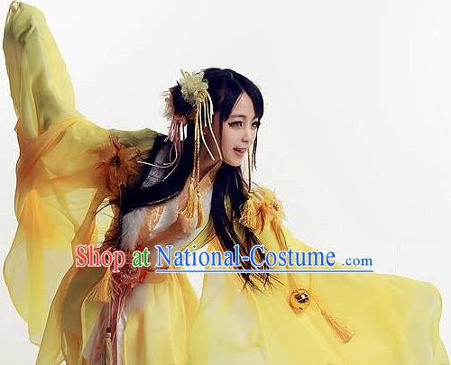 Yellow Ancient Chinese Fairy Costumes and Hair Accessories