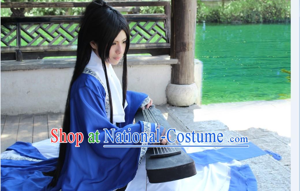 Ancient Chinese Blue Guzhuang Musician Clothes Complete Set