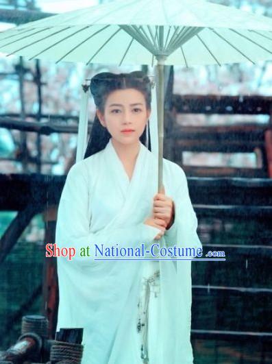 Ancient Chinese Pure White Dragon Lady Costume and Umbrella