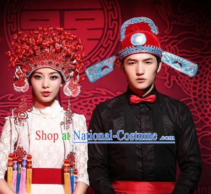 Ancient Chinese Red Bridegroom and Bride Hats Pair