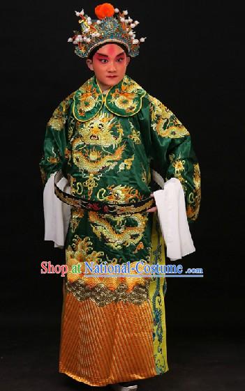 Green Traditional Chinese Opera Dragon Embroidery Costumes and Hat for Men