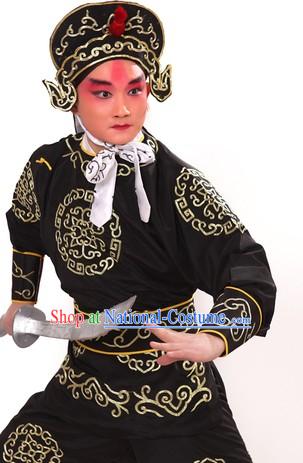 Black Traditional Chinese Opera Solider Character Suit and Hat for Men